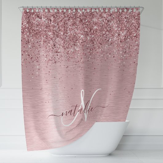 Blush Roze geborsteld metaal Glitter Monogram Naam Douchegordijn