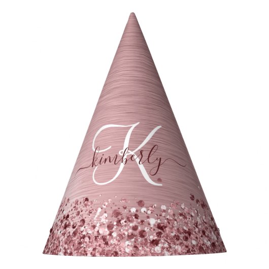 Blush Roze geborsteld metaal Glitter Monogram Naam Feesthoedjes (Voorkant)
