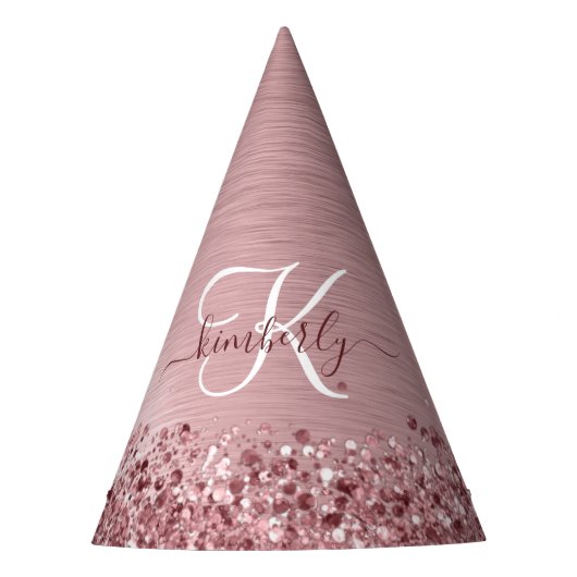 Blush Roze geborsteld metaal Glitter Monogram Naam Feesthoedjes (Voorkant)