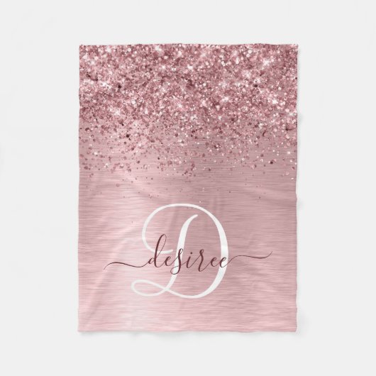Blush Roze geborsteld metaal Glitter Monogram Naam Fleece Deken (Voorkant)