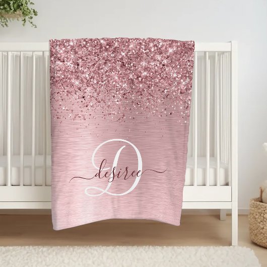 Blush Roze geborsteld metaal Glitter Monogram Naam Fleece Deken