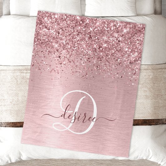 Blush Roze geborsteld metaal Glitter Monogram Naam Fleece Deken
