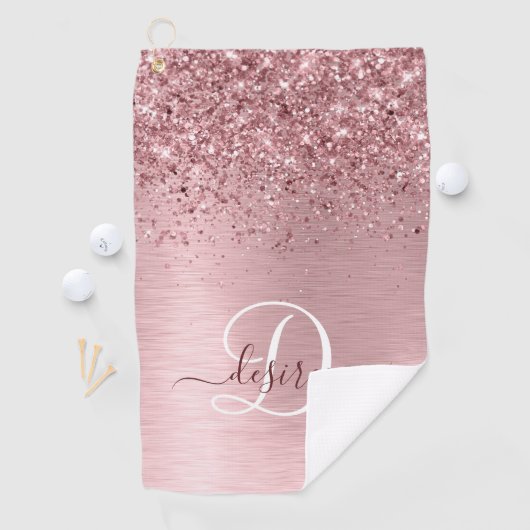 Blush Roze geborsteld metaal Glitter Monogram Naam Golfhanddoek (Insitu)