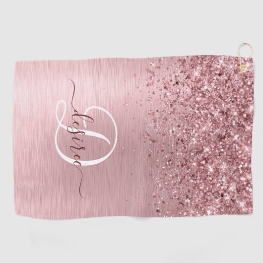 Blush Roze geborsteld metaal Glitter Monogram Naam Golfhanddoek (Horizontaal)