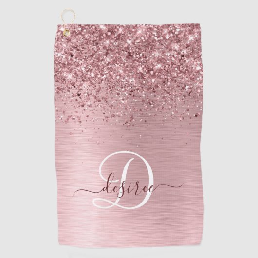 Blush Roze geborsteld metaal Glitter Monogram Naam Golfhanddoek (Voorkant)