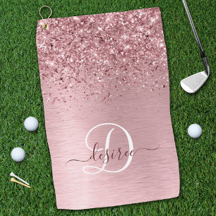 Blush Roze geborsteld metaal Glitter Monogram Naam Golfhanddoek