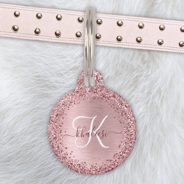 Blush Roze geborsteld metaal Glitter Monogram Naam Huisdierpenning (Creator heeft geüpload)