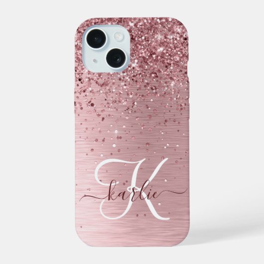 Blush Roze geborsteld metaal Glitter Monogram Naam iPhone 15 Case (Achterkant)