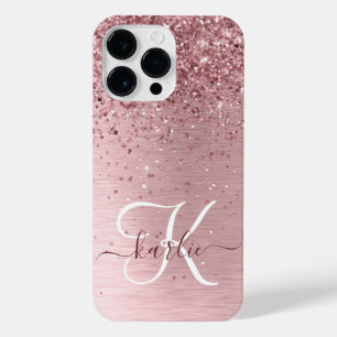 Blush Roze geborsteld metaal Glitter Monogram Naam iPhone 14 Pro Max Hoesje