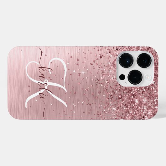 Blush Roze geborsteld metaal Glitter Monogram Naam iPhone Hoesje (Achterkant horizontaal)