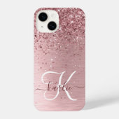 Blush Roze geborsteld metaal Glitter Monogram Naam iPhone Hoesje (Achterkant)