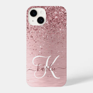 Blush Roze geborsteld metaal Glitter Monogram Naam iPhone 14 Hoesje