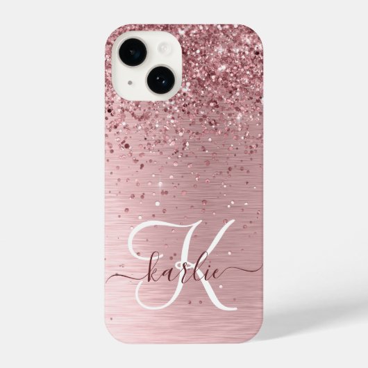Blush Roze geborsteld metaal Glitter Monogram Naam iPhone Hoesje (Achterkant)