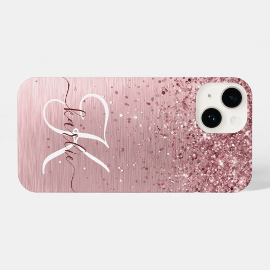 Blush Roze geborsteld metaal Glitter Monogram Naam iPhone Hoesje (Achterkant horizontaal)