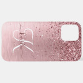 Blush Roze geborsteld metaal Glitter Monogram Naam iPhone Hoesje (Achterkant horizontaal)