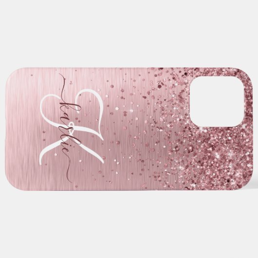 Blush Roze geborsteld metaal Glitter Monogram Naam iPhone Hoesje (Achterkant horizontaal)