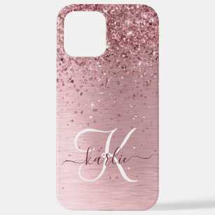 Blush Roze geborsteld metaal Glitter Monogram Naam iPhone 12 Pro Max Hoesje
