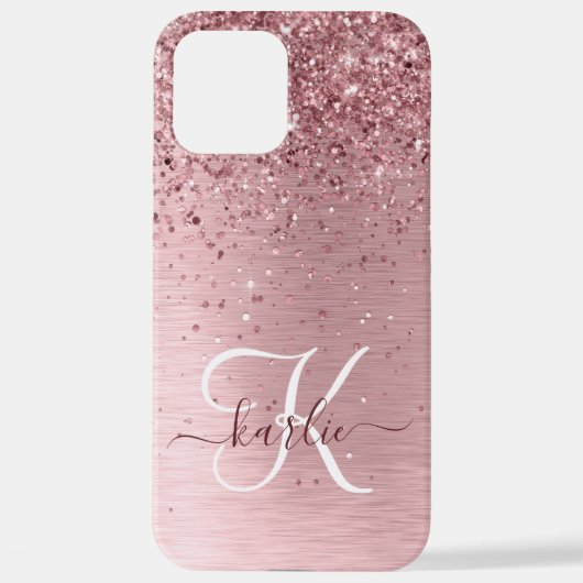 Blush Roze geborsteld metaal Glitter Monogram Naam iPhone Hoesje (Achterkant)