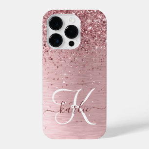 Blush Roze geborsteld metaal Glitter Monogram Naam iPhone 14 Plus Hoesje