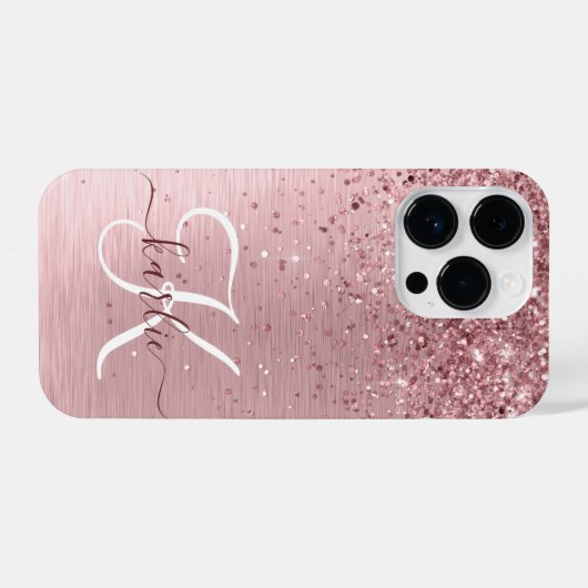 Blush Roze geborsteld metaal Glitter Monogram Naam iPhone Hoesje (Achterkant horizontaal)