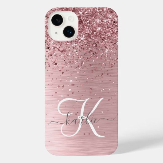 Blush Roze geborsteld metaal Glitter Monogram Naam iPhone Hoesje (Achterkant)