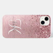 Blush Roze geborsteld metaal Glitter Monogram Naam iPhone Hoesje (Achterkant horizontaal)