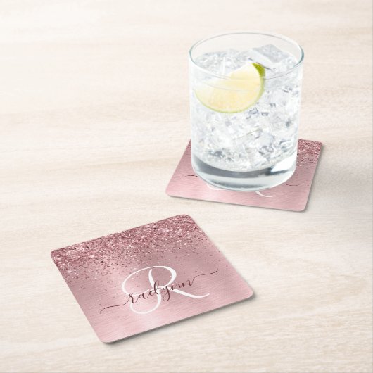 Blush Roze geborsteld metaal Glitter Monogram Naam Kartonnen Onderzetters (Insitu)
