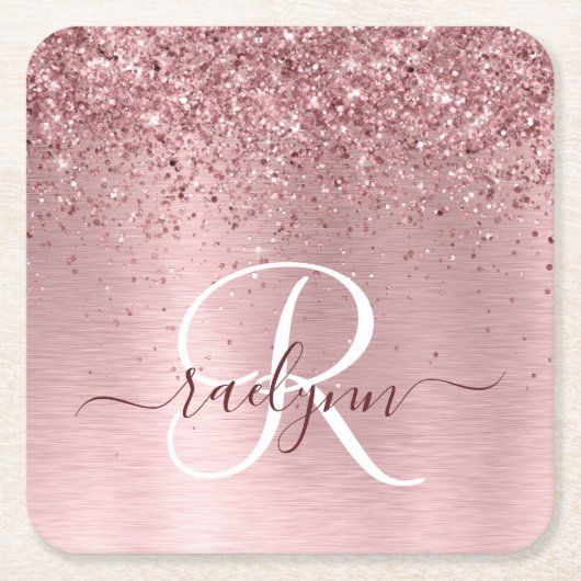 Blush Roze geborsteld metaal Glitter Monogram Naam Kartonnen Onderzetters (Voorkant)