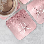 Blush Roze geborsteld metaal Glitter Monogram Naam Kartonnen Onderzetters<br><div class="desc">Pas dit trendy onderzetter van papier eenvoudig aan met  zwarte roze mousserende glitter op een blote roze geborstelde metalen achtergrond.</div>