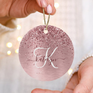 Blush Roze geborsteld metaal Glitter Monogram Naam Keramisch Ornament