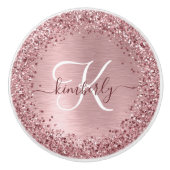 Blush Roze geborsteld metaal Glitter Monogram Naam Keramische Knop (Voorkant)