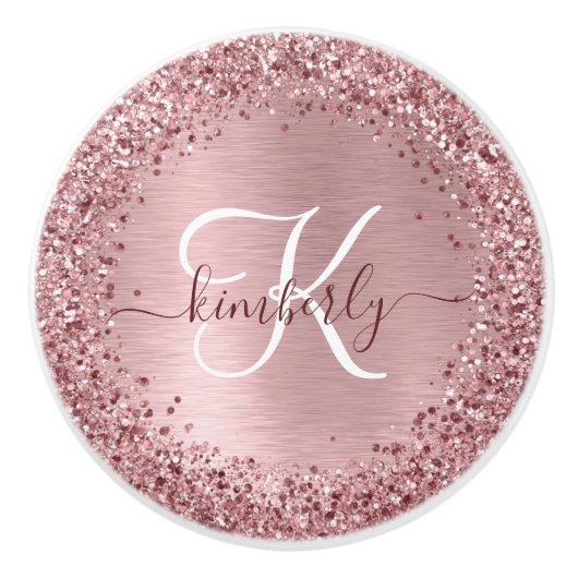 Blush Roze geborsteld metaal Glitter Monogram Naam Keramische Knop (Voorkant)