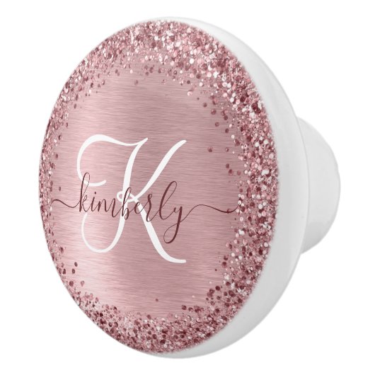 Blush Roze geborsteld metaal Glitter Monogram Naam Keramische Knop (Rechts)