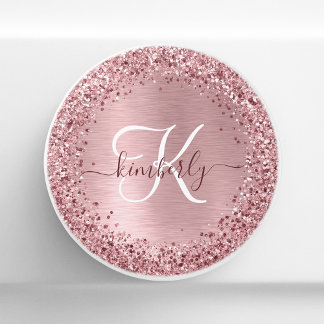 Blush Roze geborsteld metaal Glitter Monogram Naam Keramische Knop