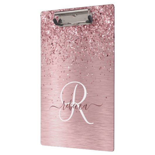 Blush Roze geborsteld metaal Glitter Monogram Naam Klembord (Links)