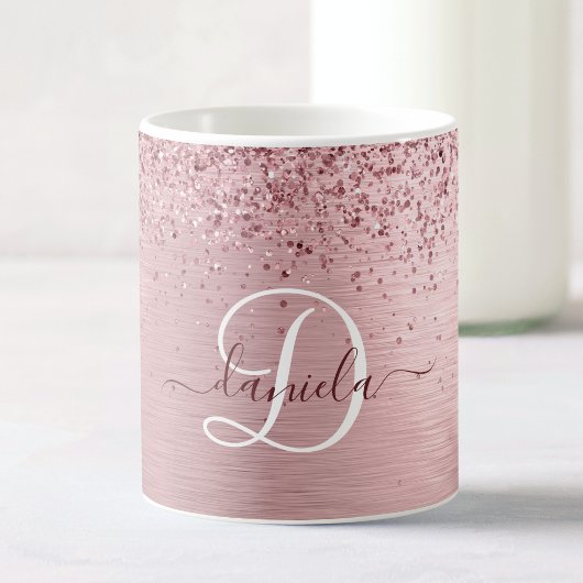Blush Roze geborsteld metaal Glitter Monogram Naam Koffiemok
