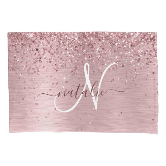 Blush Roze geborsteld metaal Glitter Monogram Naam Kussensloop (Voorkant)