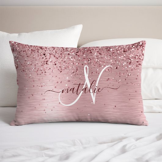 Blush Roze geborsteld metaal Glitter Monogram Naam Kussensloop