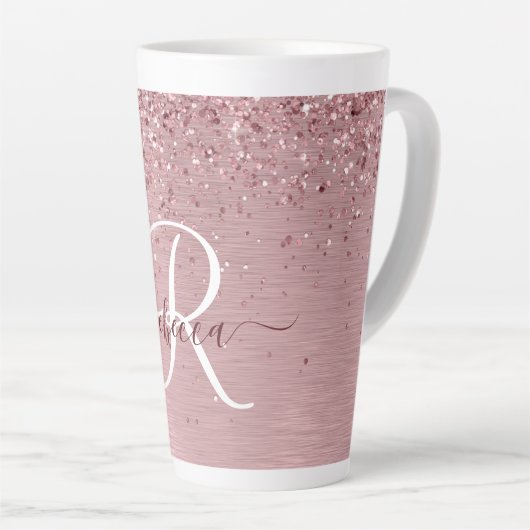 Blush Roze geborsteld metaal Glitter Monogram Naam Latte Mok (Rechterhoek)