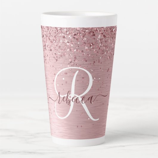 Blush Roze geborsteld metaal Glitter Monogram Naam Latte Mok (Voorkant)