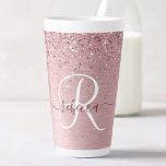 Blush Roze geborsteld metaal Glitter Monogram Naam Latte Mok<br><div class="desc">Pas dit trendy draaiende,  latte mok eenvoudig aan met  zwarte roze mousserende glitter op een roze,  geborstelde metalen achtergrond.</div>