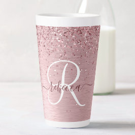 Blush Roze geborsteld metaal Glitter Monogram Naam Latte Mok