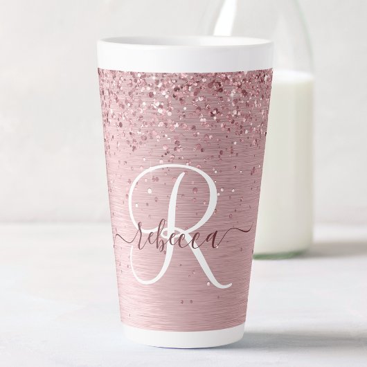 Blush Roze geborsteld metaal Glitter Monogram Naam Latte Mok