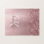 Blush Roze geborsteld metaal Glitter Monogram Naam Legpuzzel (Horizontaal)