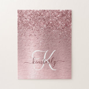 Blush Roze geborsteld metaal Glitter Monogram Naam Legpuzzel