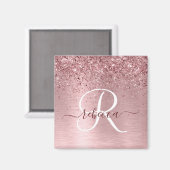 Blush Roze geborsteld metaal Glitter Monogram Naam Magneet (Voorkant / Achterkant)