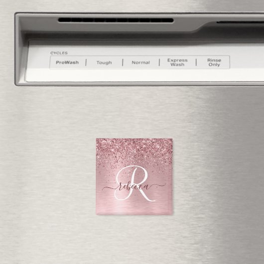 Blush Roze geborsteld metaal Glitter Monogram Naam Magneet (Insitu (Vaatwasser))