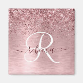Blush Roze geborsteld metaal Glitter Monogram Naam Magneet (Voorkant)