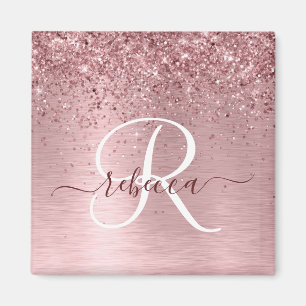 Blush Roze geborsteld metaal Glitter Monogram Naam Magneet