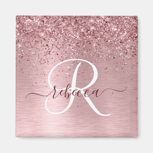 Blush Roze geborsteld metaal Glitter Monogram Naam Magneet (Voorkant)